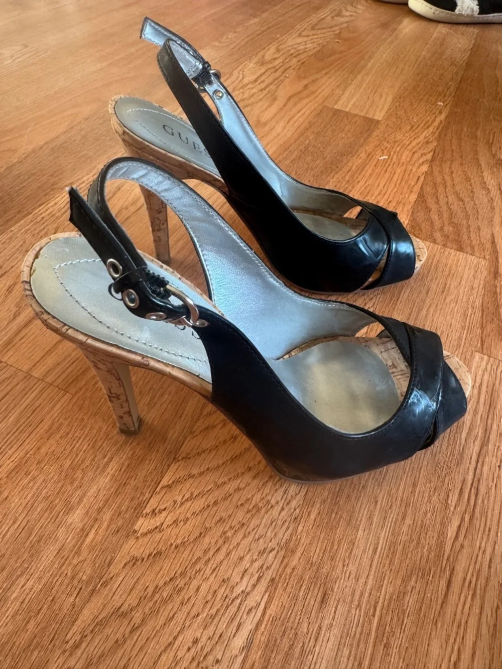 Guess black patent slingbacks with cork heels